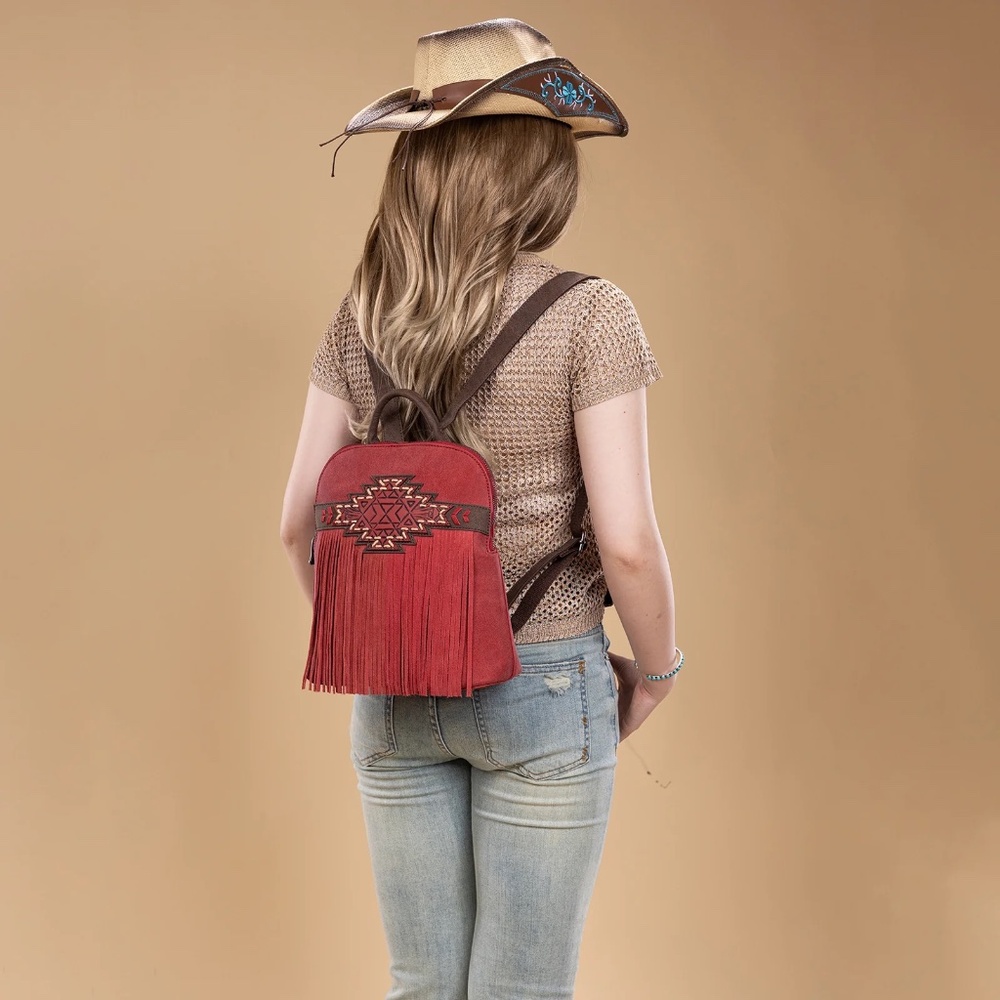 Trinity Ranch Aztec Tooled Fringe Concealed Carry Backpack Burgundy - Picture 2 of 6